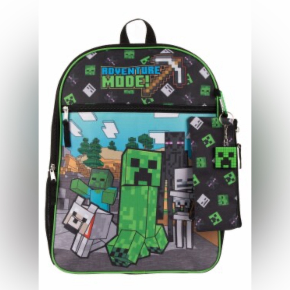 NWT Bioworld Black/Green/Gray Minecraft 4 piece Backpack Set - Picture 2 of 7